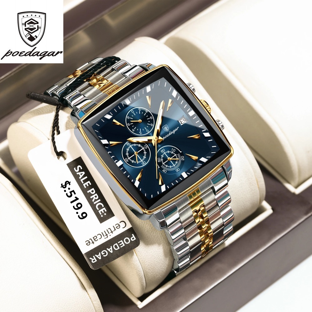  Poedagar Đồng hồ nam thời trang dạ quang không thấm nước Chronograph ngày người đàn ông Đồng hồ đeo tay thép không gỉ hình vuông thạch anh của đồng hồ reloj 