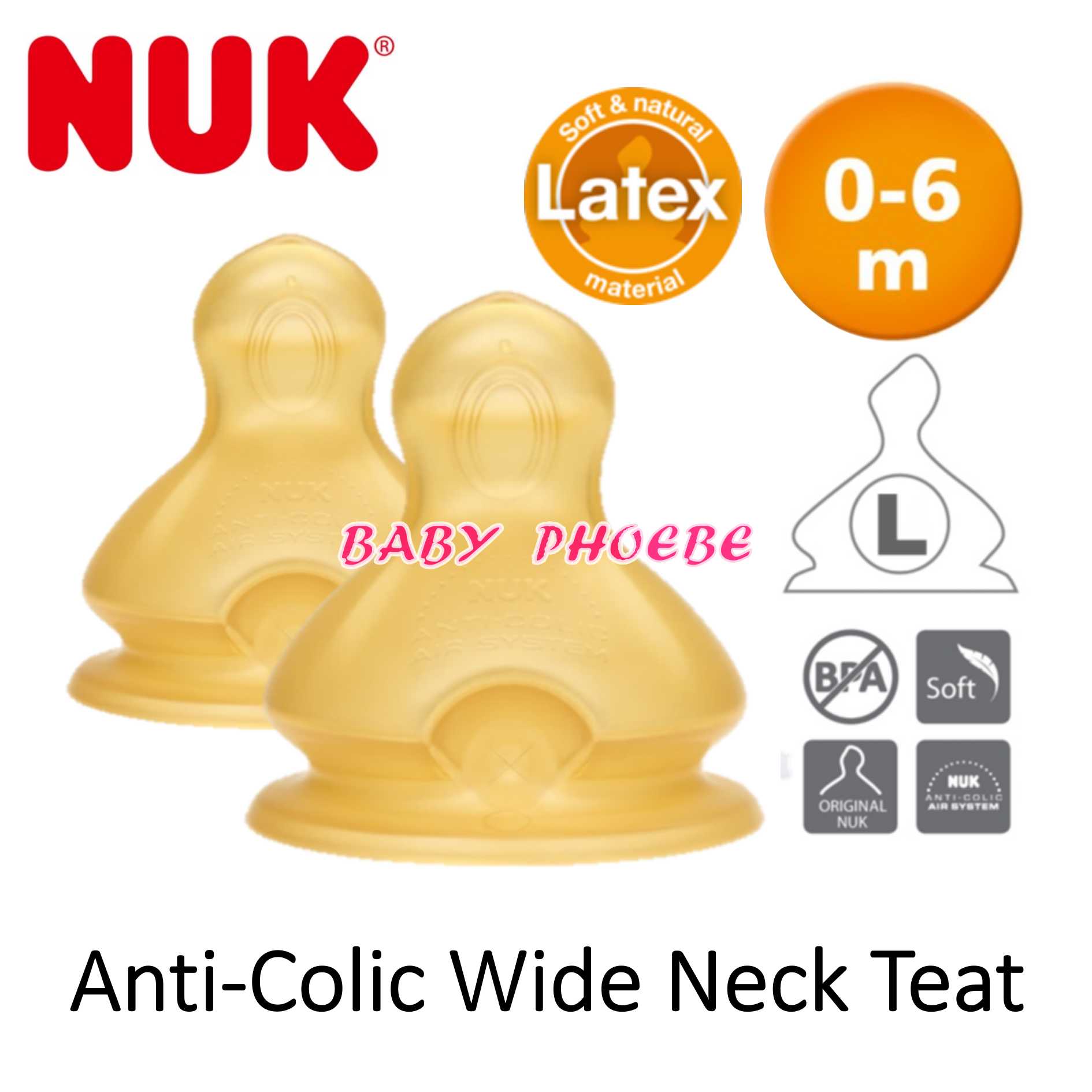 NUK Premium Choice+ Anti Colic Silicone Latex Slim Wide Neck Bottle Teat Nipple Botol Puting - Made in Germany (2pcs) Baby Phoebe