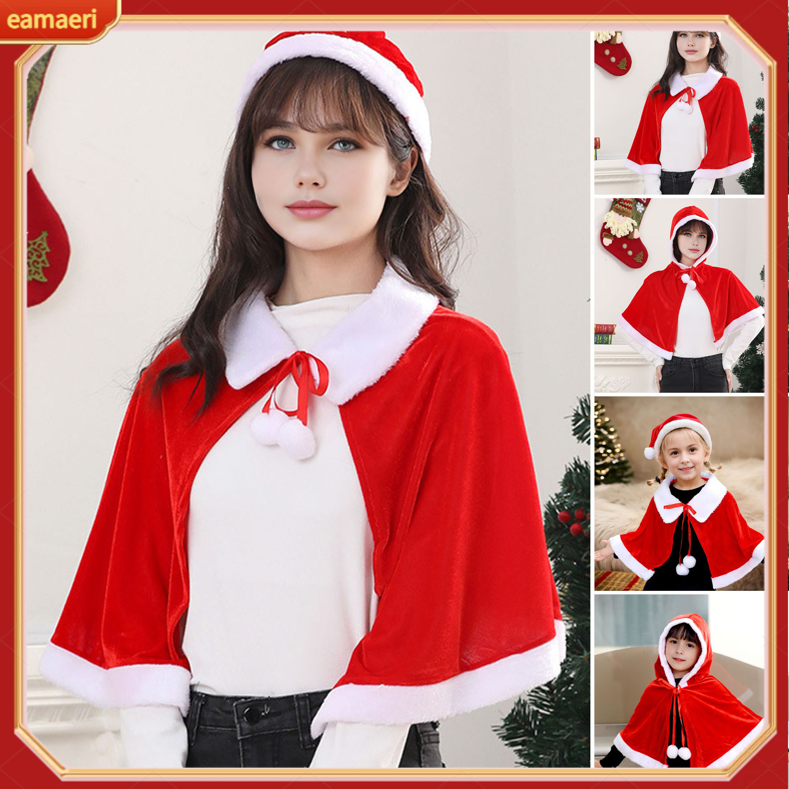 Christmas Cape Hat Set Festive Red White Xmas Outfit Soft Velvet Santa Costume Universal Size Makeup Clothing Props ราคา 288 บาท*ส่งฟรี