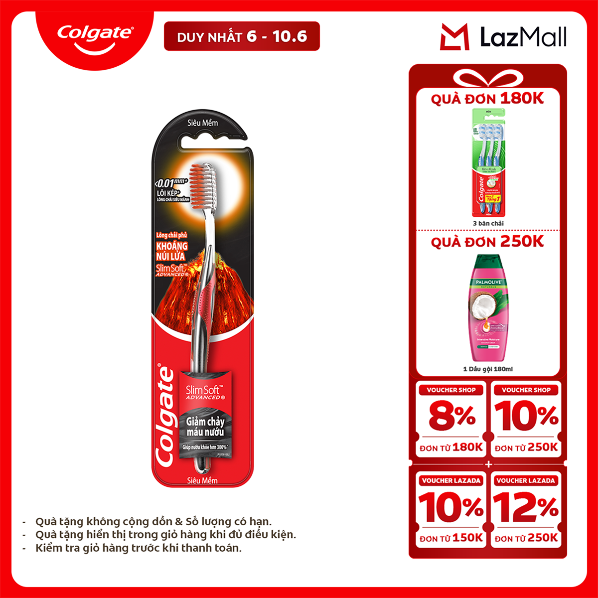 [Chỉ 6-10.6_X2 Voucher giảm 22%] Bàn chải Colgate SlimSoft Advanced ngăn chảy máu nướu từ khoáng núi lửa siêu mềm mảnh
