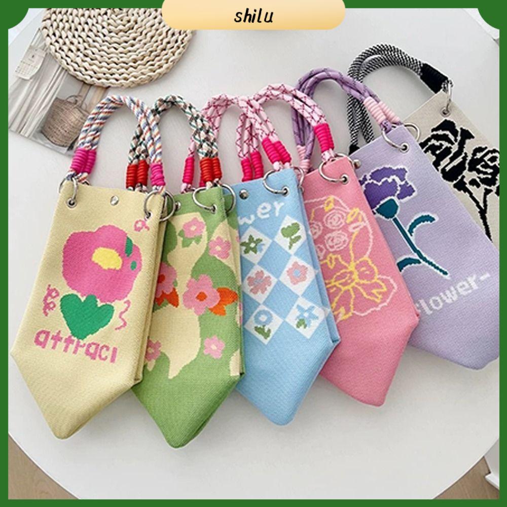 SHILU Làm thủ công Túi xách dệt  Phim hoạt hình Khóa vòng dệt Túi đeo vai Dễ thương Dung lượng lớn Túi Tote dành cho phụ nữ và thiếu nữ