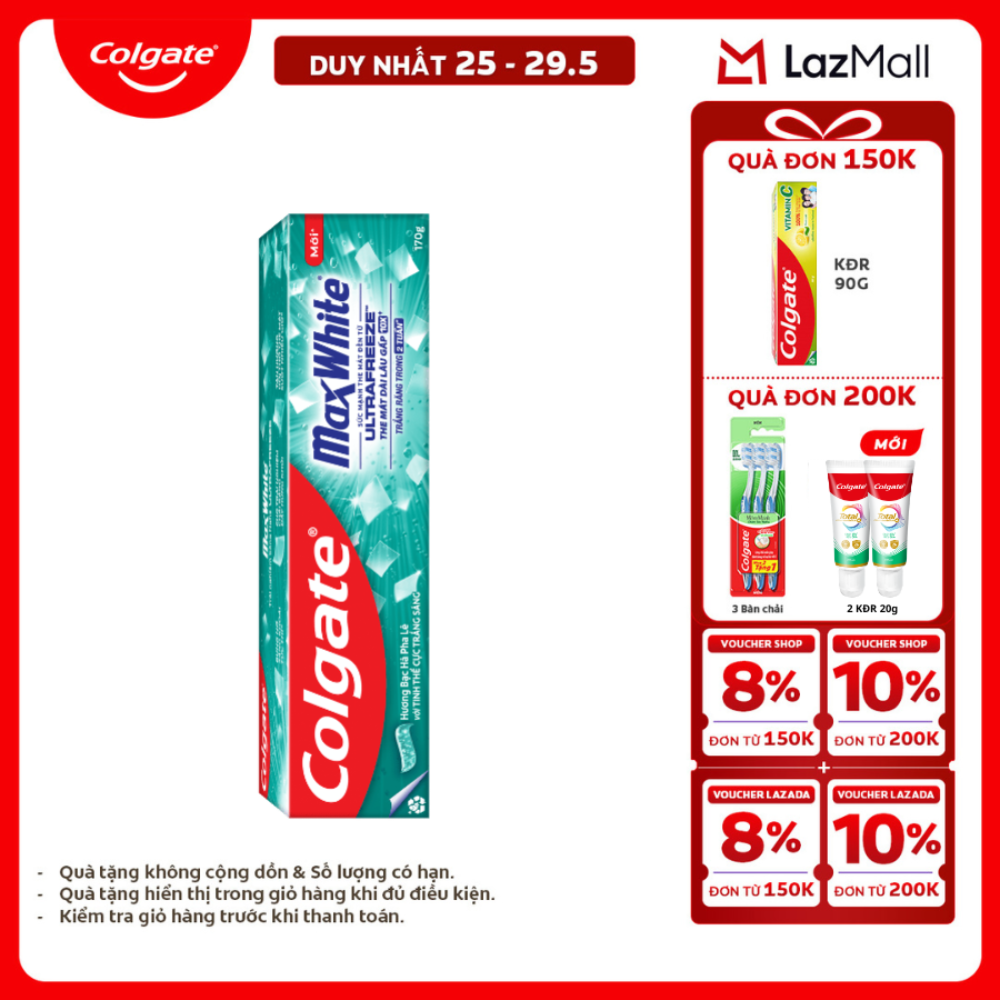 [Chỉ 25-29.5_X2 Voucher giảm 20%] Kem đánh răng Colgate MaxWhite tinh thể the mát, làm trắng răng trong 2 tuần