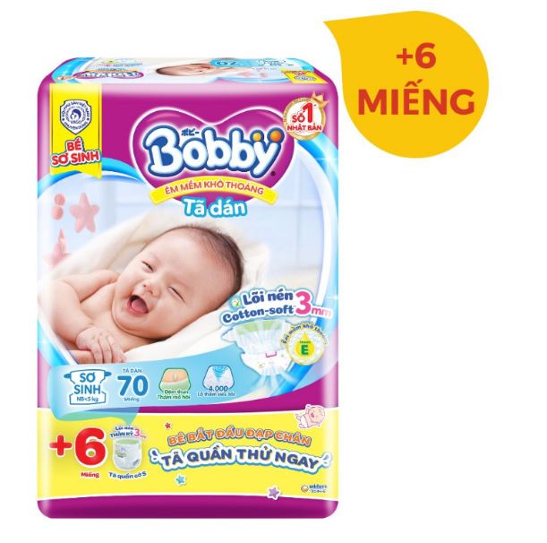 Bỉm tã dán bobby size xs 70 miếng cho bé dưới 5kg- mẫu mới