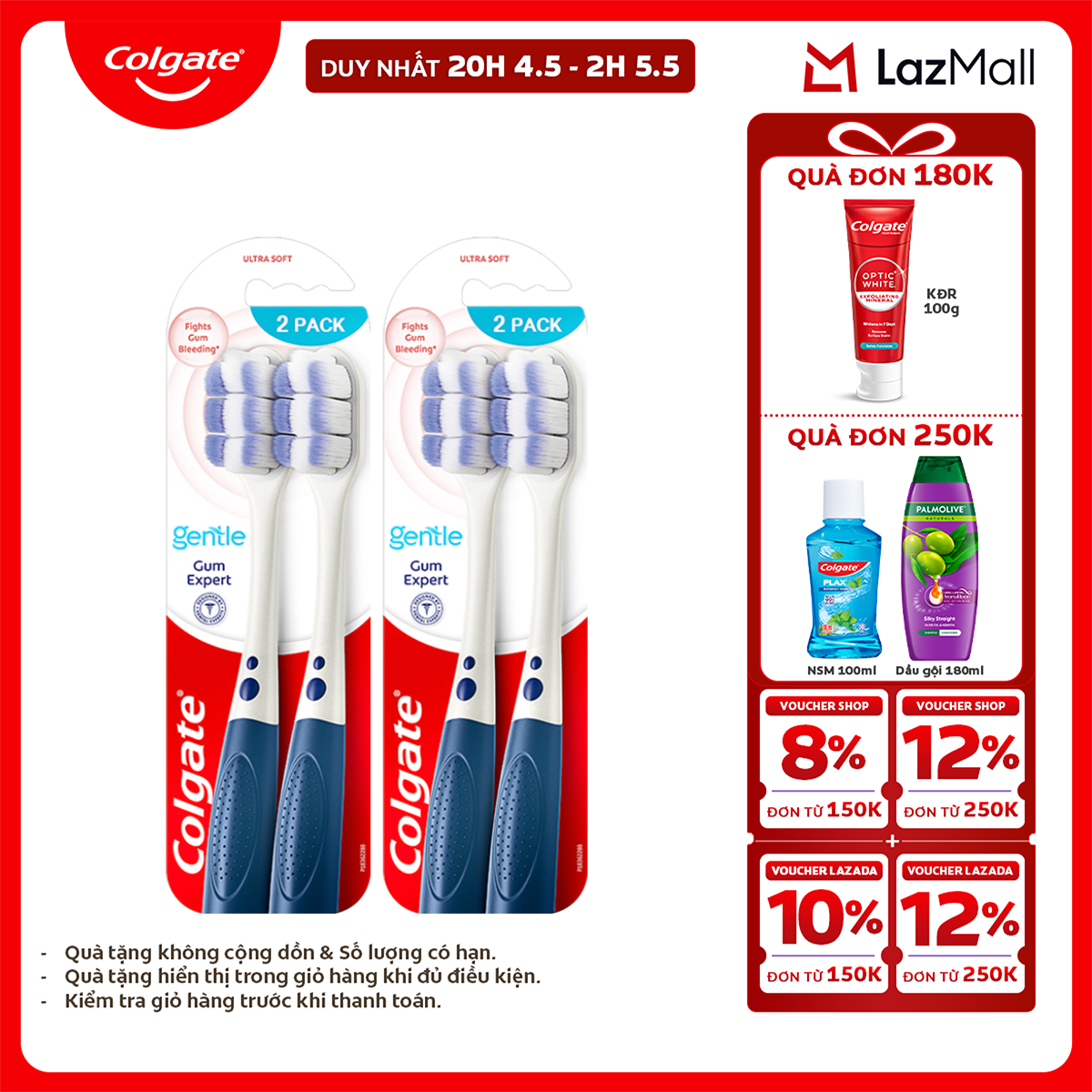 [Chỉ 25-29.4_X2 Voucher giảm 20%] Bộ 4 Bàn chải Colgate Gentle Gum Expert lông dày siêu mềm, ôm sát nướu, giảm chảy máu nướu