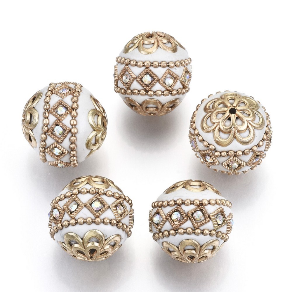 Handmade Indonesia Beads with Metal Findings Round Light Gold White 19.5x19mm Hole: 1mm