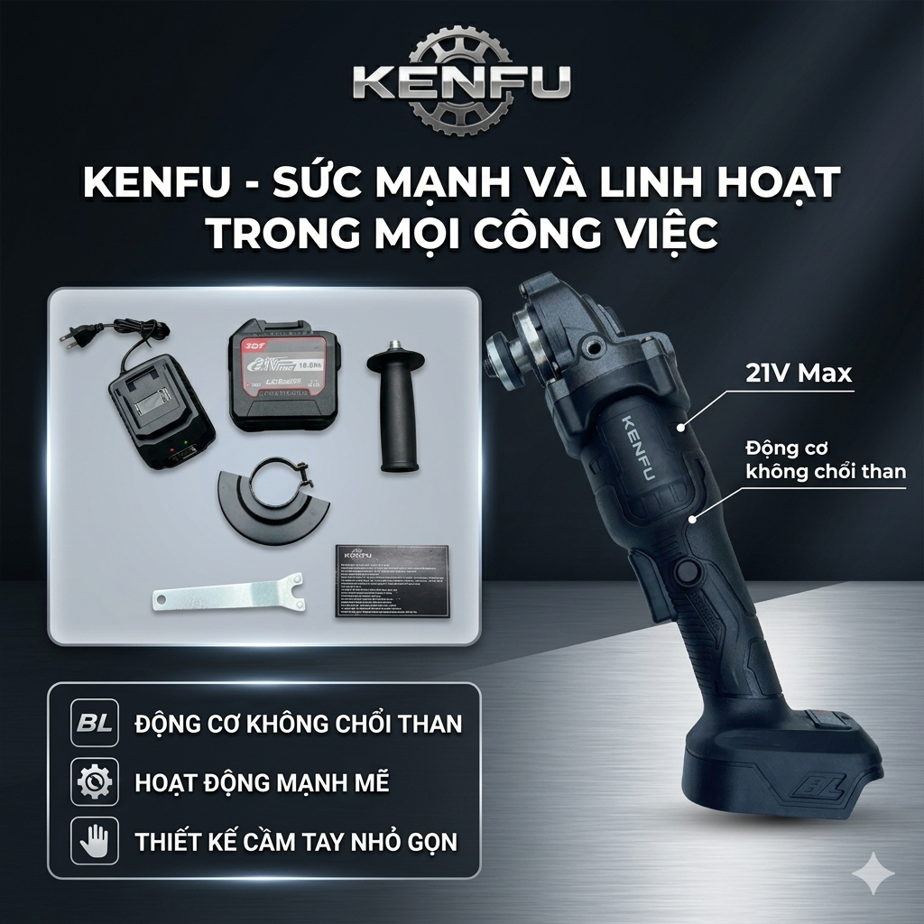 MÁY MÀI PIN KENFU chính hãng, chân pin phổ thông, cắt đá 100mm