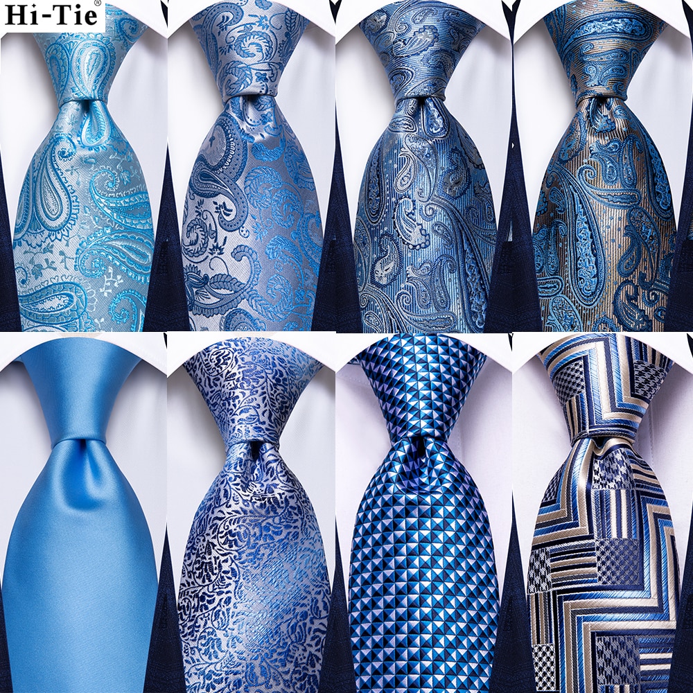 Hi-Tie Light Blue Striped Novelty Silk Wedding Tie For Men Handky