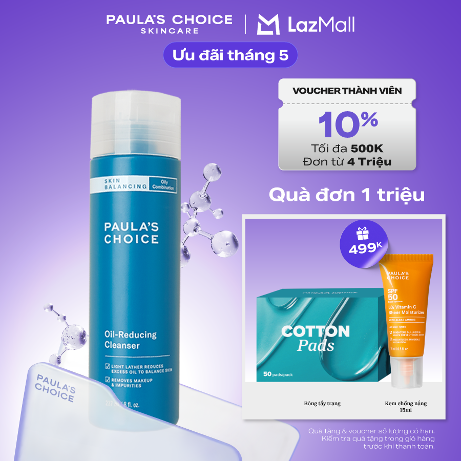Sữa Rửa Mặt Cân Bằng Độ Ẩm Và Kiềm Dầu cho da dầu, da hỗn hợp  Paula’s Choice Skin Balancing Oil Reducing Cleanser 237ml 1150