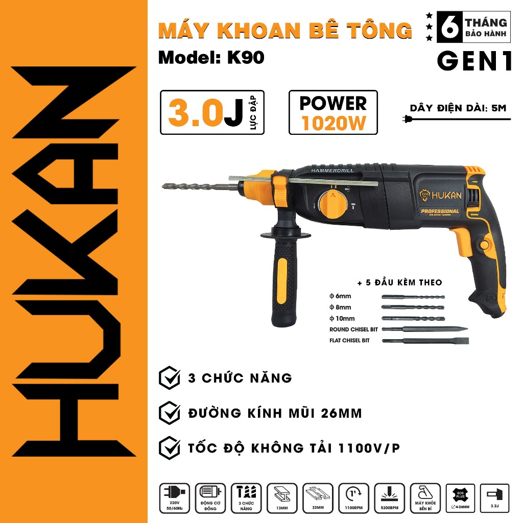 Máy khoan đục bê tông HUKAN K90, 3 Chức năng, Công suất 1020W, Tặng Bộ 5 Mũi khoan và Đục