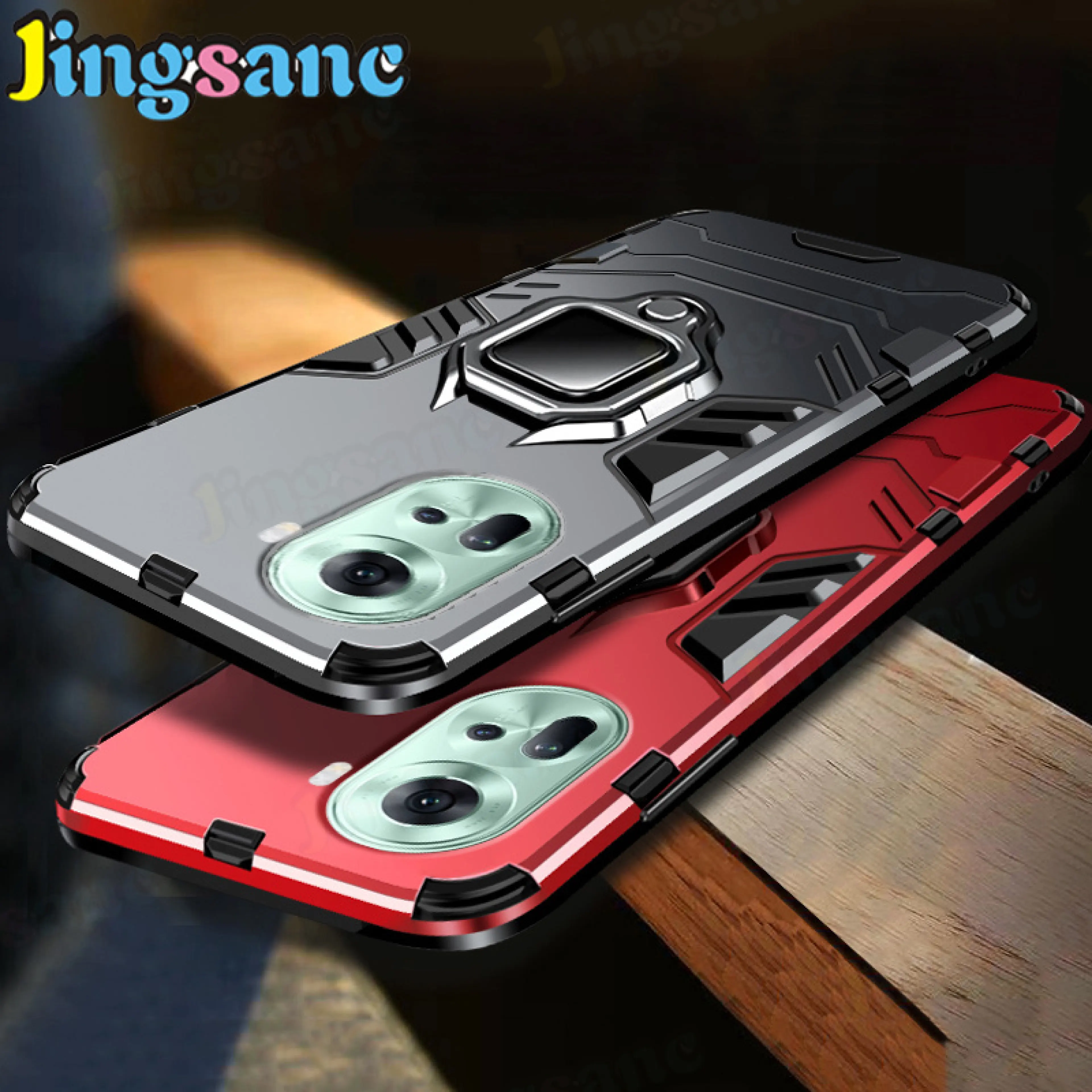 Jingsanc For OPPO Reno 11 5G Case Shockproof Casing With 360 Rotating Car Holder Adsorption Hard PC+Soft Silicone Frame Protection Back Cover A8-1