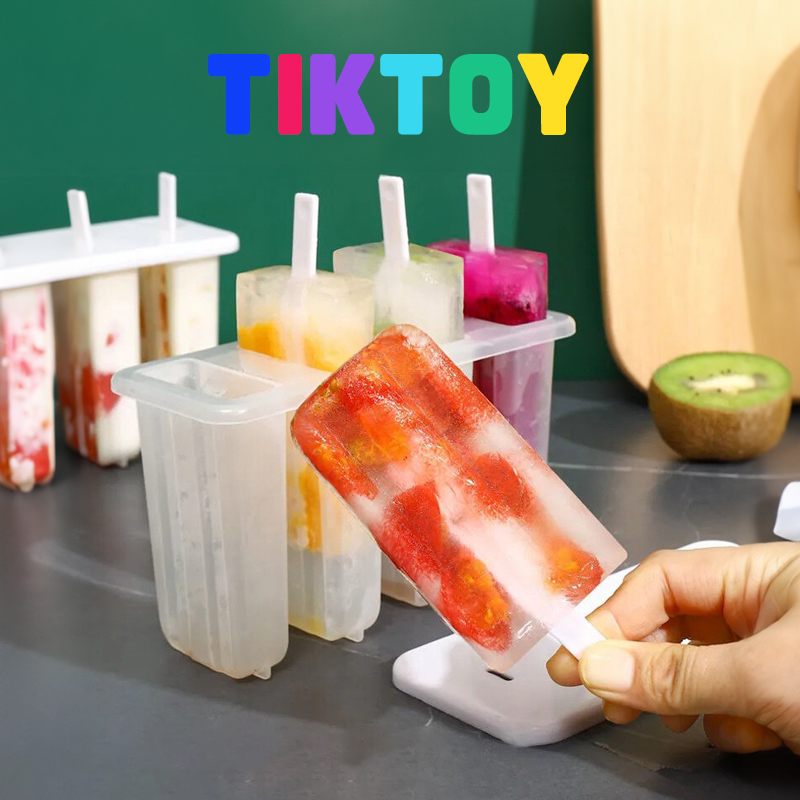 TIKTOY แม่พิมพ์ไอศกรีม4ชิ้นชุดแม่พิมพ์ทำน้ำแข็งถาดน้ำแข็งแบบ DIY ใช้ซ้ำได้พร้อมแท่งและฝาเครื่องมือในครัวสุดสร้างสรรค์สำหรับฤดูร้อน ราคา 27 บาท*ส่งฟรี