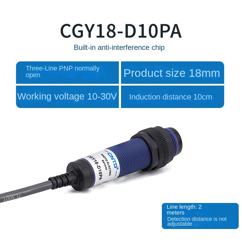 Cảm Biến Quang Điện CGY18E D10PA M18 CNTD - tùy chọn PNP/NPN Thường Mở/Thường Đóng, 3 Dây, M18, 10-30cm