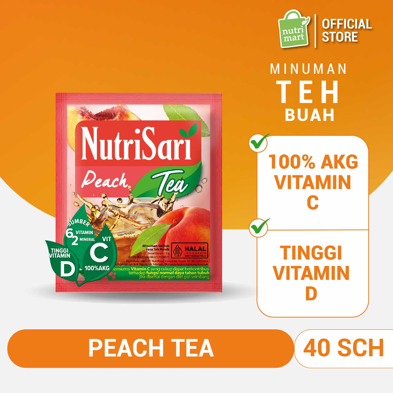 NutriSari Peach Tea 40 sachet - Minuman Teh Rasa Buah Peach dengan Vitamin C & Vitamin D