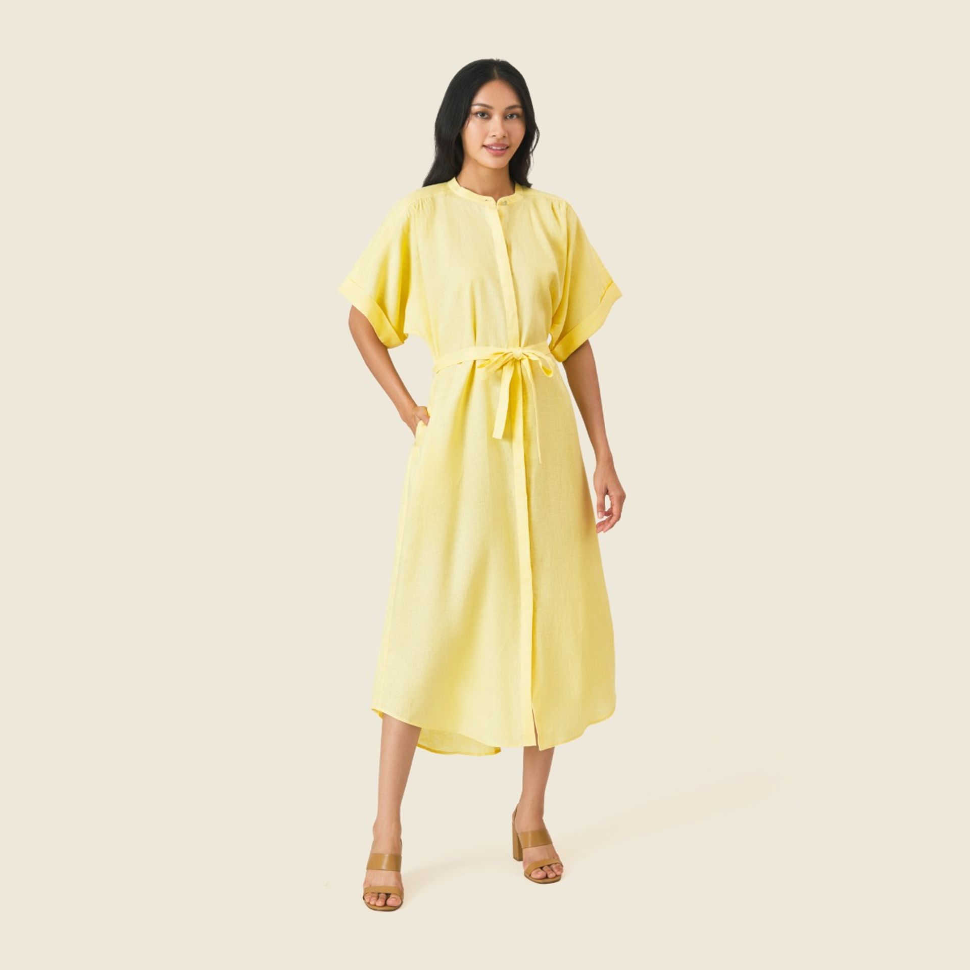 Linen Batwing Sleeve Shirt Dress - Yellow ราคา 1,950 บาท*ส่งฟรี