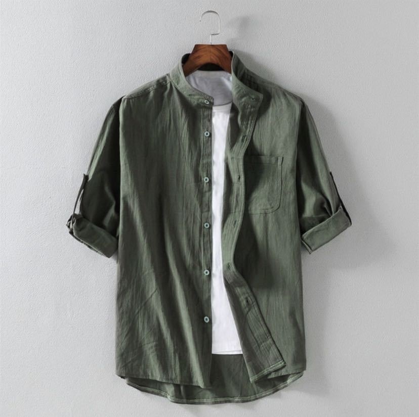 Nam mùa hè Áo sơ mi vải lanh đứng cổ áo năm điểm tay áo vừa vải lanh dáng rộng Cotton áo Áo sơ mi đơn giản cho nam