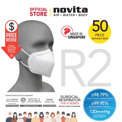 [50pcs WITHOUT box] 4-Ply | Made in Singapore | BFE 99.95% | PFE ≥ 98.79% | novita Surgical Respirator R2 Earband