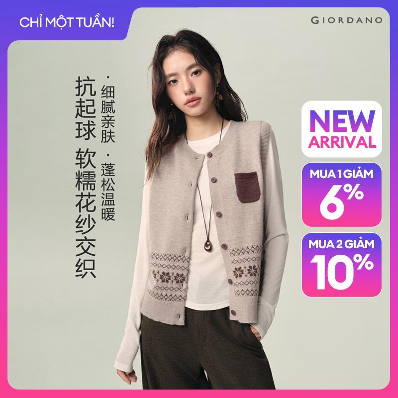 GIORDANO Women Vests Jacquard Heathered Knit Vests Crewneck Contrast Pocket Fashionable Casual Relaxed Knit Vests 18356724
