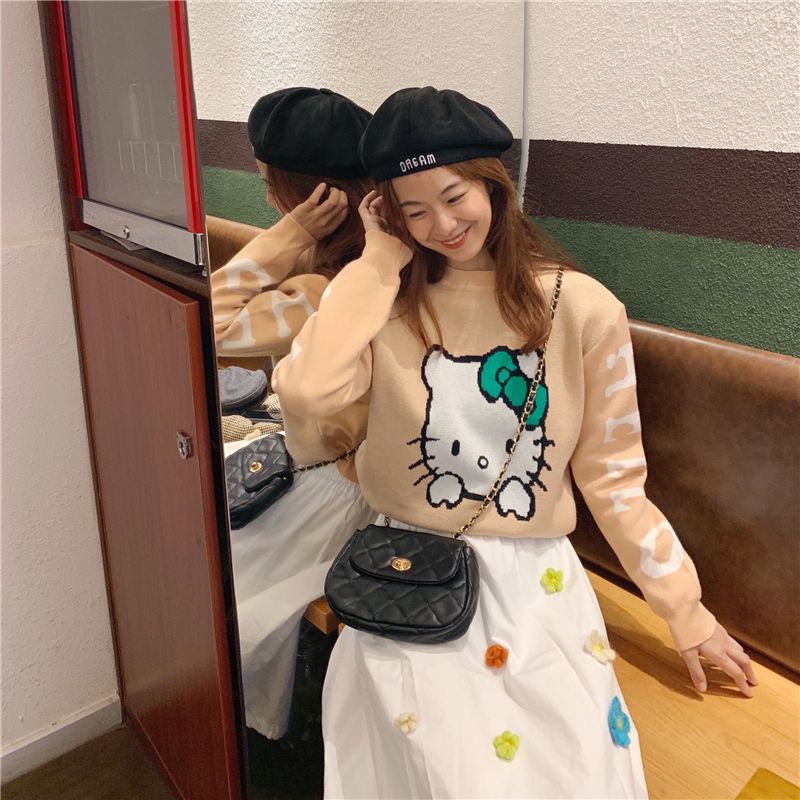 Hello Kitty dài tay áo len dệt cho nữ mới ôm vừa phim hoạt hình Hàn Quốc học sinh cổ tròn dài tay áo thời trang Áo len cô gái