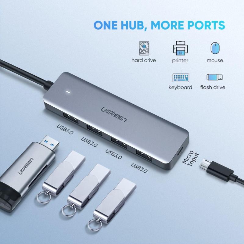 UGREEN 16CM 4-Port USB C to USB 3.0 Hub for Samsung Galaxy S10 S9, Huawei P30, Ultra Slim High-Speed USB Splitter Portable Extension Data Hub Compatible for MacBook, Mac Pro/mini, Surface Pro, XPS, PS4, Xbox One, Flash Drive, HDD -Grey
