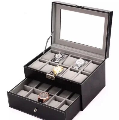 [Starzdeals] 20 Slot Watch Jewelry Storage Box - Black PVC with Inner Grey / Watch Box / Watch Case / Watch Storage Box / Watch Boxes