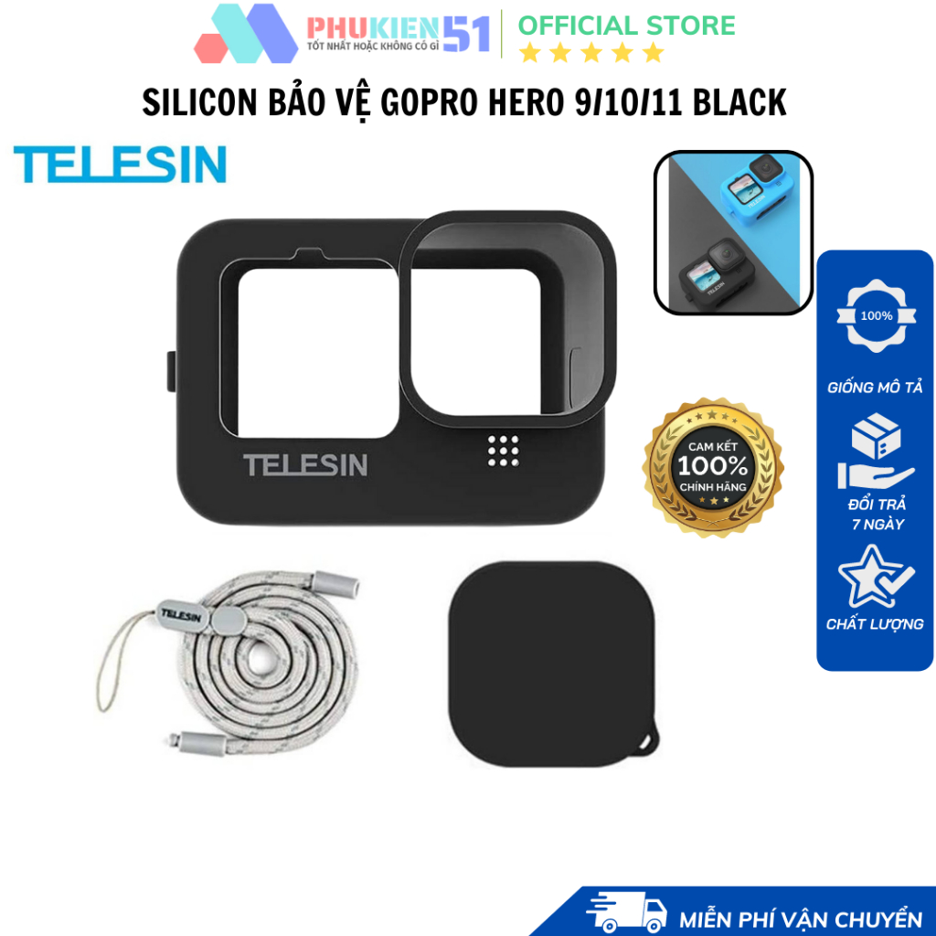 Vỏ bảo vệ silicon Telesin cho GoPro HERO 11 10 9 màu xanh và đen bảo vệ máy chống trầy xước