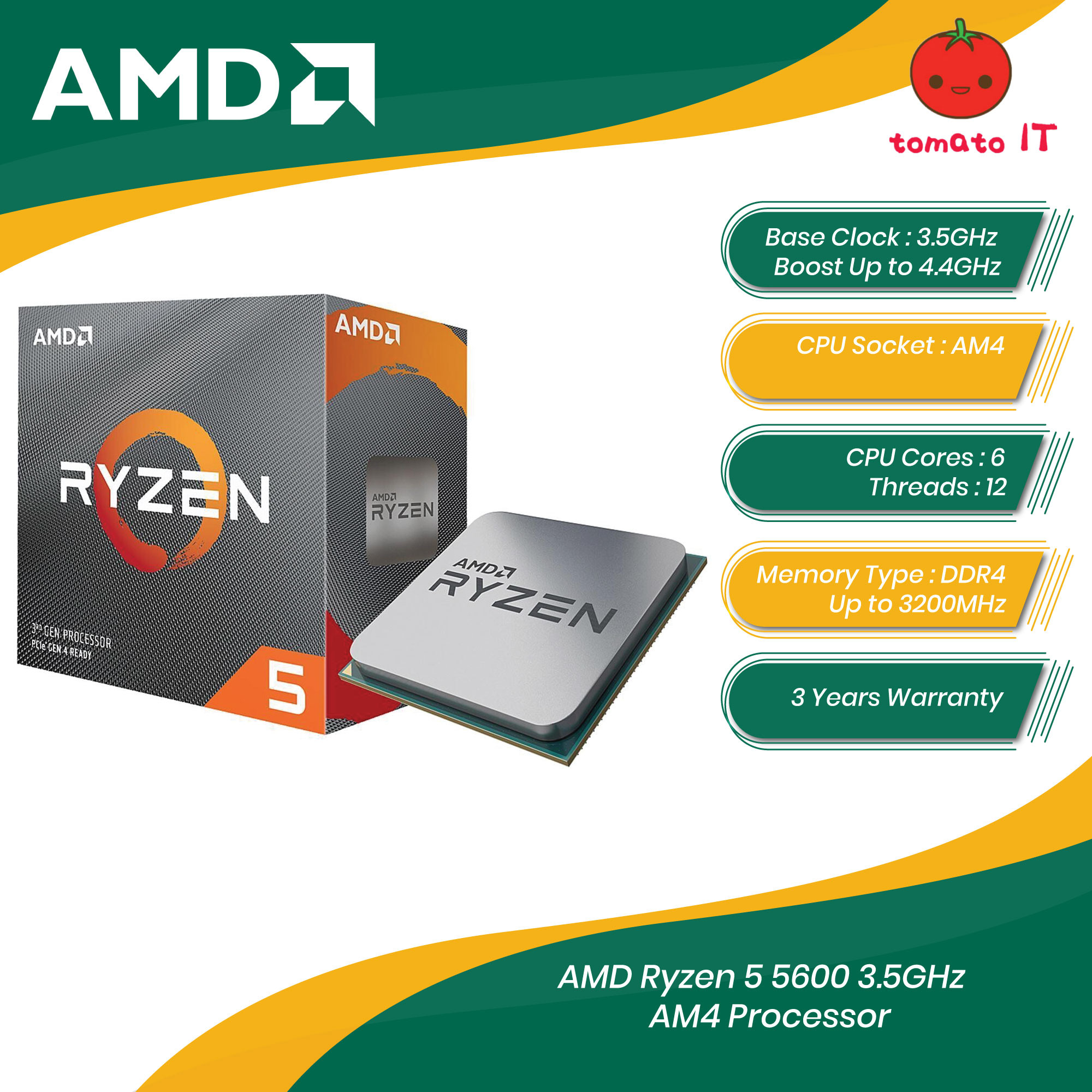 Ryzen 5 5600 6-Core 12-Thread Cpu 3.5Ghz Base Frequency 32Mb L3