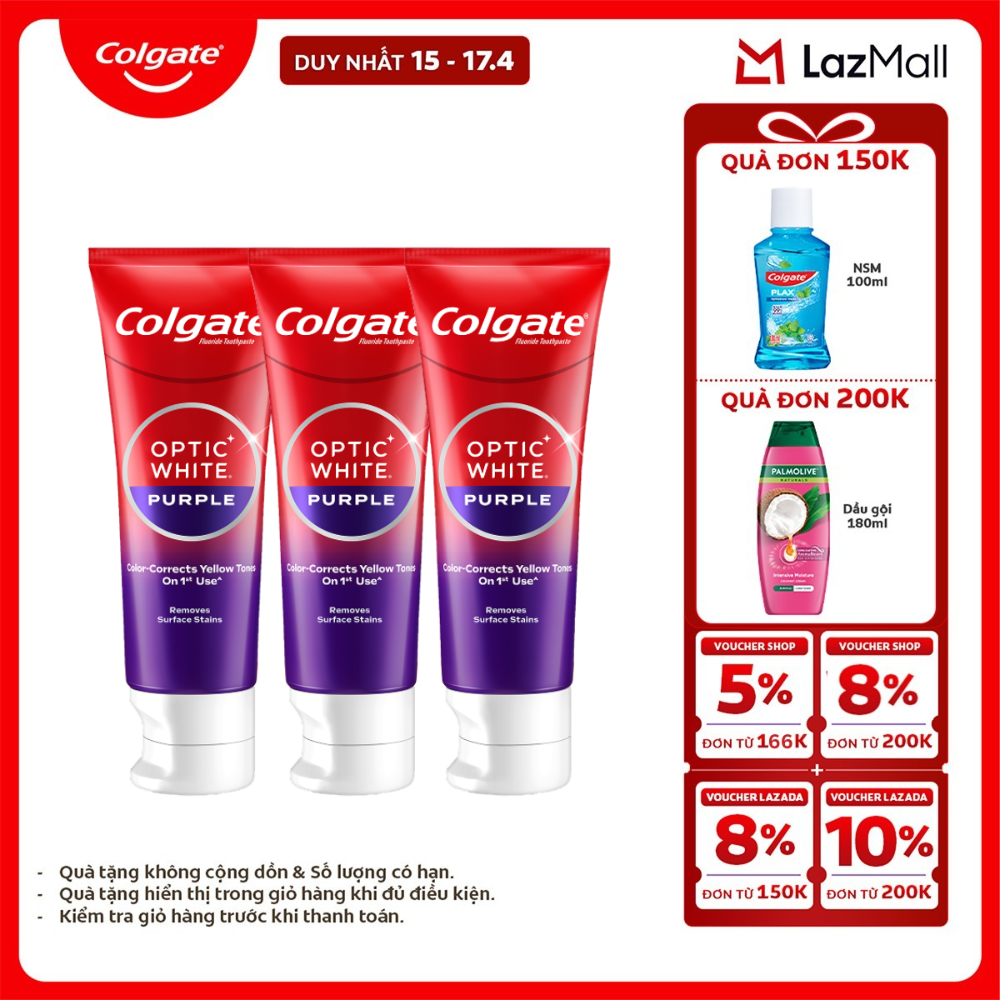 [Chỉ 15-17.4_X2 Voucher giảm đến 18%] Bộ 3 Kem Đánh Răng Colgate trắng răng Optic White Purple 100g - công nghệ sắc tím, trung hòa sắc vàng cho răng trắng sáng, an toàn cho men răng