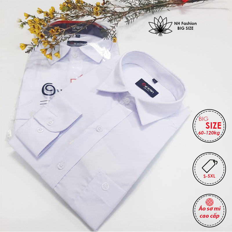 Áo sơ mi nam big size từ 60kg đến 120kg, áo sơmi dài tay màu trắng cao cấp - nh big size shop