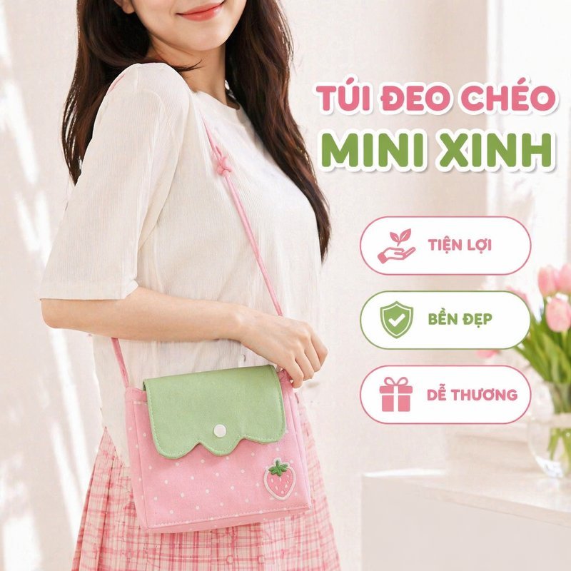 Vinnatsu Túi Đeo Chéo Mini Túi Chéo Nữ Túi Xinh Màu Hồng Dâu Chấm Bi Đựng Điện Thoại