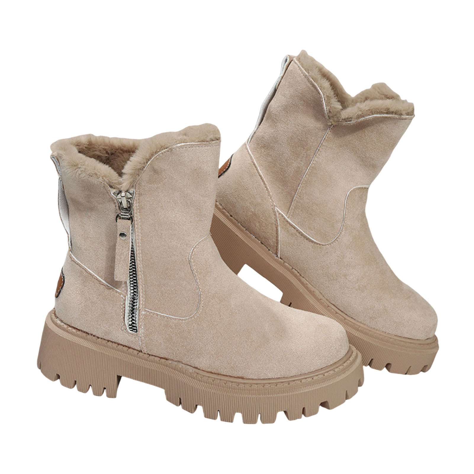 【Stock】 Thick-soled Boots Round Toe Ankle Boots Women’s Winter Ankle Boots Faux Suede Warm Fuzzy Cuffs Side Zipper Thick Anti-slip Sole Short Boots for Daily Wear Party Street Casual Shoes - 2