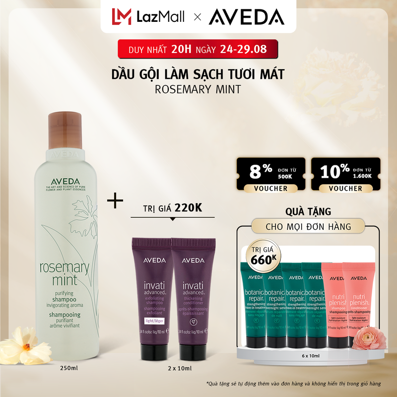 Dầu gội làm sạch giúp thanh lọc tóc Aveda Rosemary Mint Purifying Shampoo Invigorating Aroma, với tinh dầu hương thảo & bạc hà giúp tinh thần sảng khoái 250ML