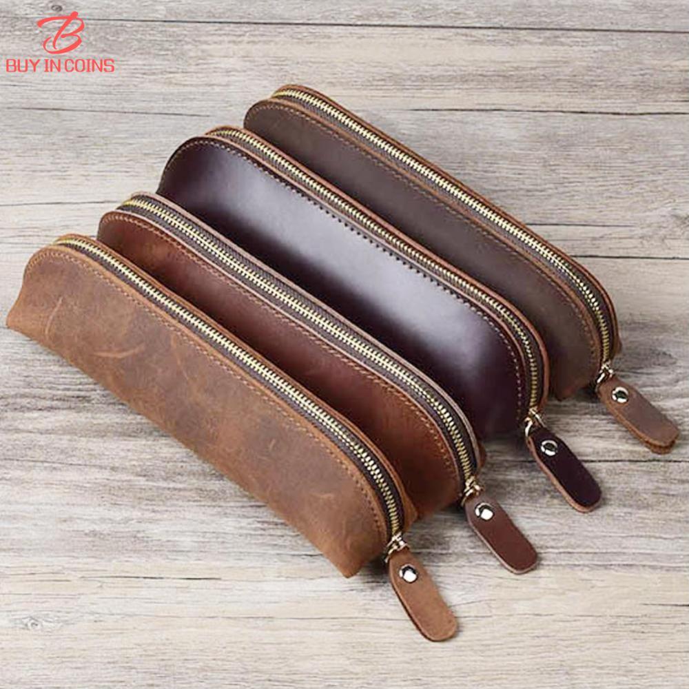  Bc phong cách cổ điển da thật túi đựng bút chì đơn giản văn phòng phẩm trường hợp bút tự làm trường hợp túi lưu trữ dây kéo túi đựng bút chì đồ dùng học tập 
