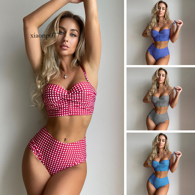 Bơi sông 2022 Mới Swimsuit Phụ nữ Checked Chia Cao eo Bikini xiaonp077-VN