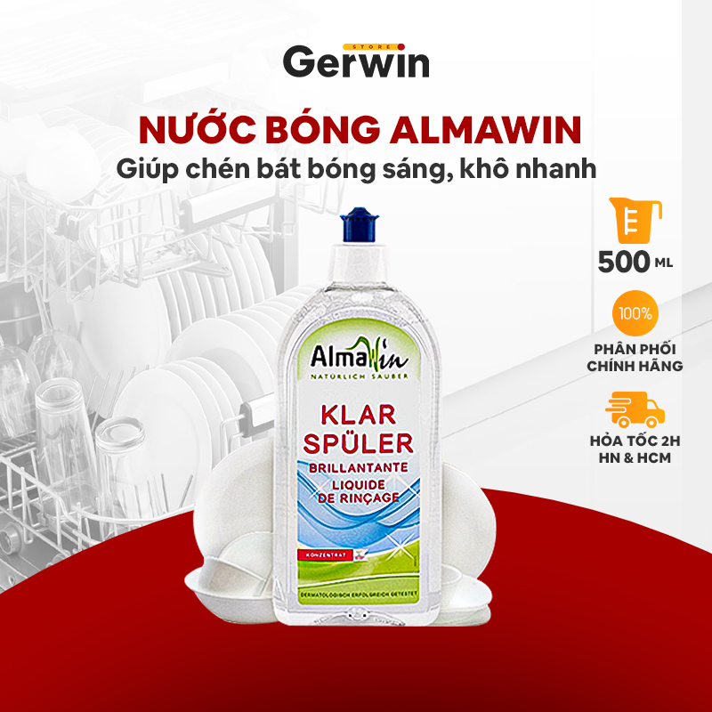 Nước làm bóng Almawin 500ml không mùi dùng cho máy rửa bát, làm khô bát đĩa chứng nhận hữu cơ