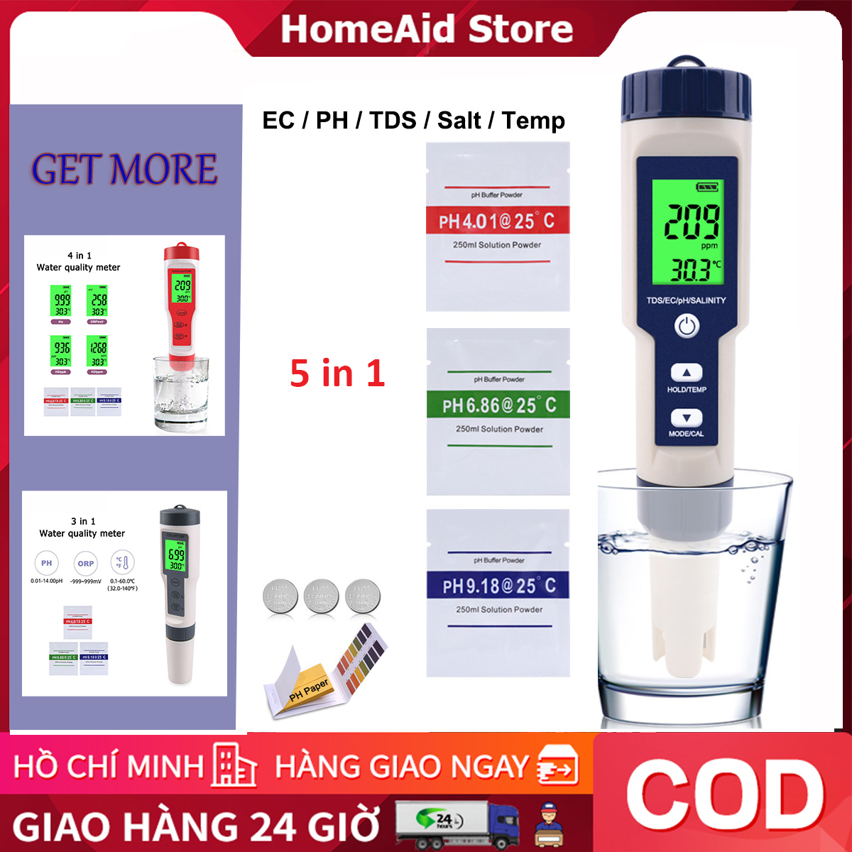 Bút kiểm tra chất lượng nước, đo độ mặn nước 5 là 1 pH/TDS/EC/độ mặn/nhiệt độ, kèm theo 3 gói pH tiêu chuẩn