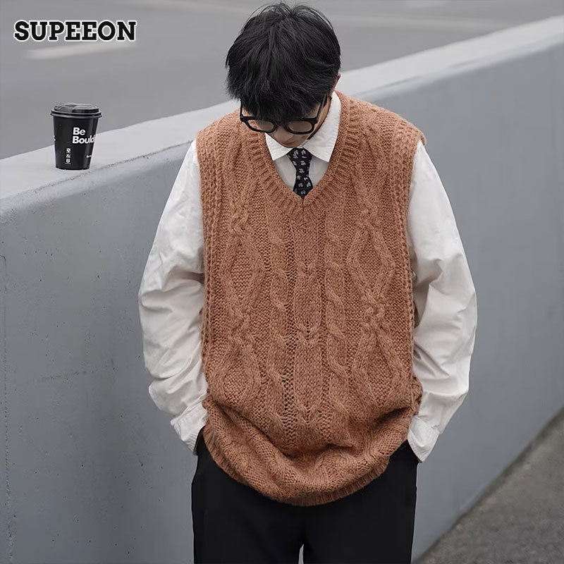 SUPEEON Men s sleeveless sweater V-neck vest Stylish vest Knitwear vest