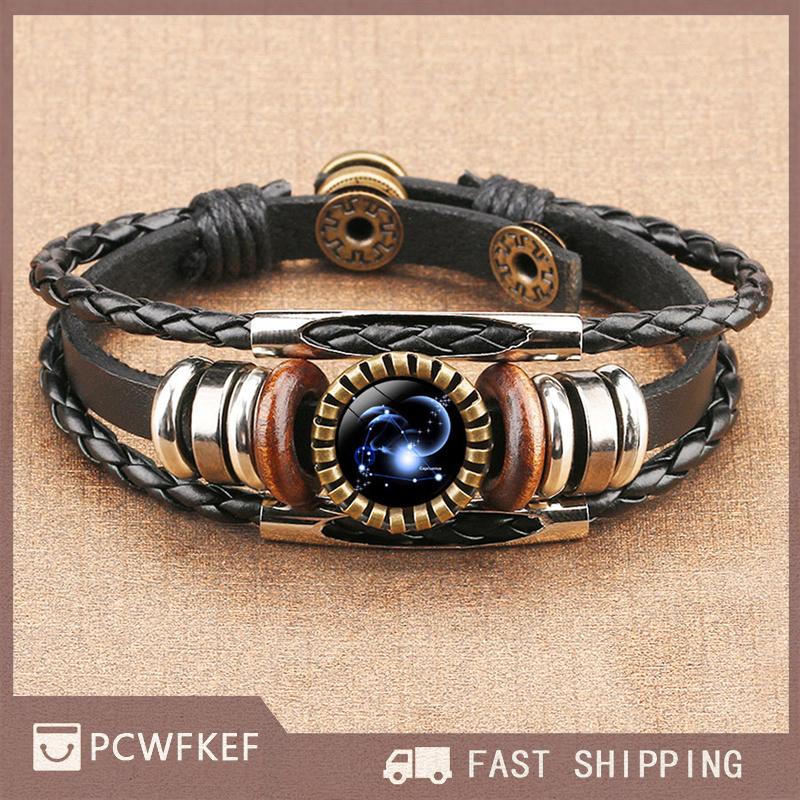 PCWFKEF Hot Sale 12 Constellation Zodiac Sign Black Braided Leather Bracelet Cancer Leo Virgo Libra 