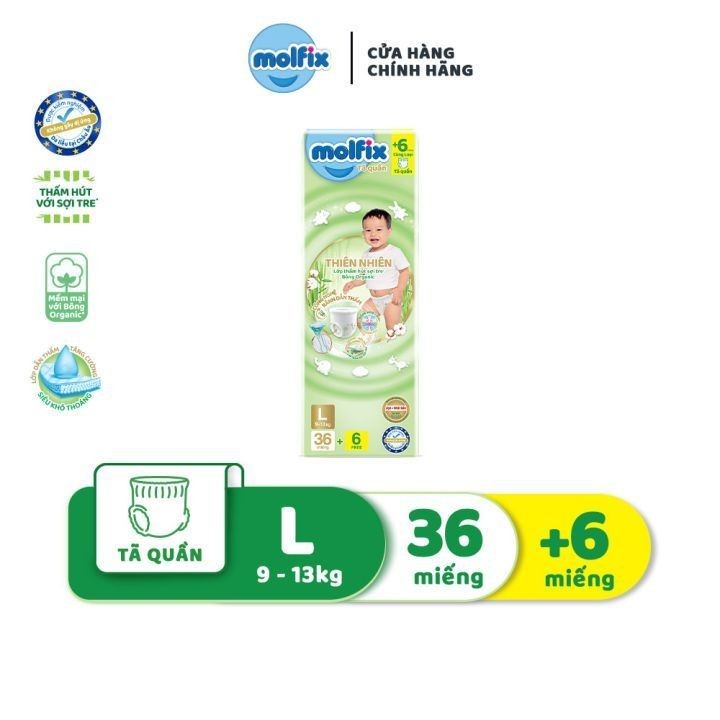 Tã/bỉm Quần Molfix thiên nhiên bông Organic M40+6 / L36+6 / XL34+6 / XXL30+6 / XXX24+6