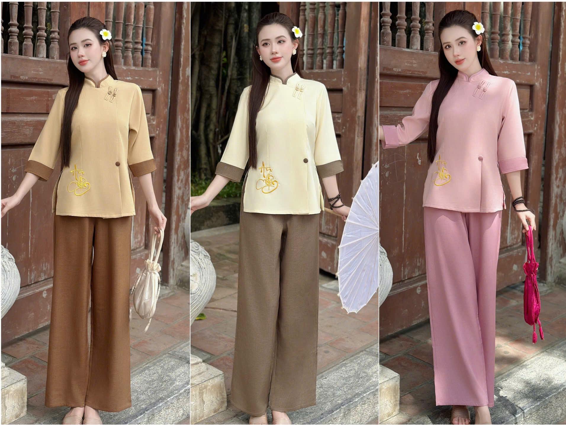 Bộ Lam Pháp Phục Chất Linen Hàn Thêu chữ An Nhiên dành cho phái đẹp thanh lịch giản dị nơi trang nghiêm