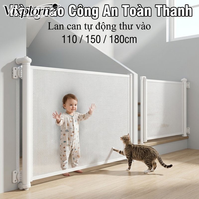 Vixplorn Mall Thanh chắn cửa lưới tự cuộn PVC dày mềm khóa an toàn lắp nhanh cho cầu thang hành lang bếp chặn trẻ 6 36 tháng thú cưng