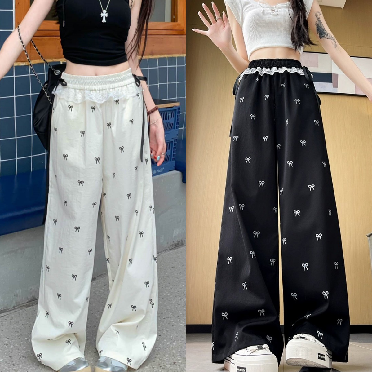 พร้อมส่ง กางเกงผ้าไม่ยืด งานพิมพ์ลายโบว์เล็กๆ ขอบกางเกงแต่งลูกไม้ มีเชือกผูกข้างเอว ผ้าเบาพริ้ว ใส่สบาย กางเกงสแล็คลูกไม้ ราคา 139 บาท*ส่งฟรี