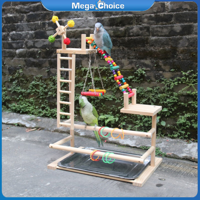 MegaChoice Bird Playground Bird Perch Stand Wooden Exercise Perch Gym Stand With Ladder Swings Windmill Toys For Conures Parakeets Lovebird ราคา 818 บาท*ส่งฟรี