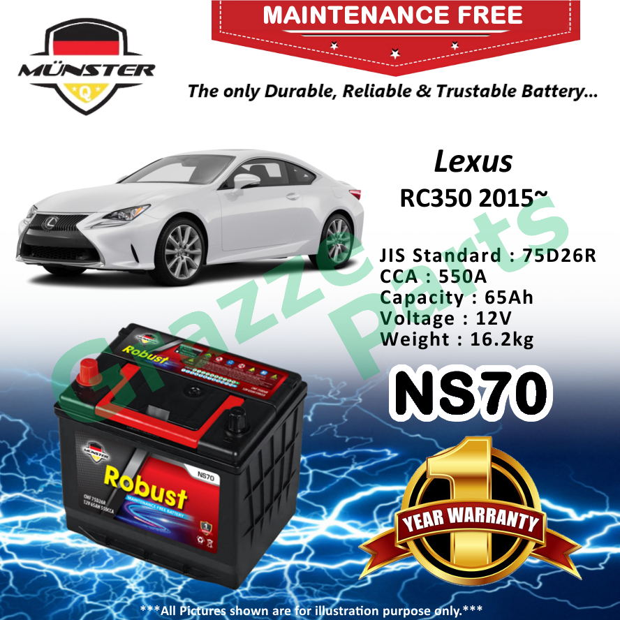 Mnster Robust MF CMF NS70 | NS70R | 75D26R (65AH) Car Battery Bateri Kereta for Lexus RC 350 RC350 2015~
