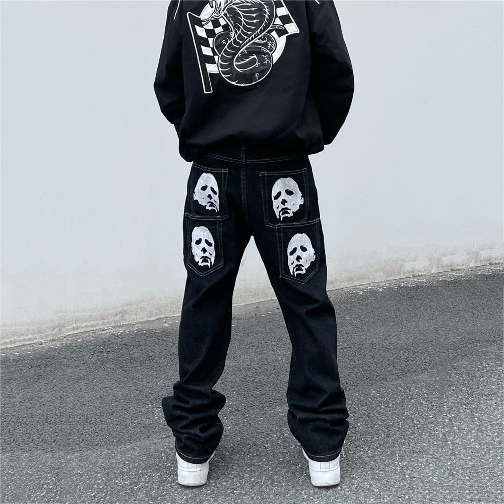 COD& Ready Stock】Y2K Men's Fashion Black Streetwear Embroidered Low Rise  Casual Jeans Trousers Straight Hip Hop Alt Denim Pants Male Clothes