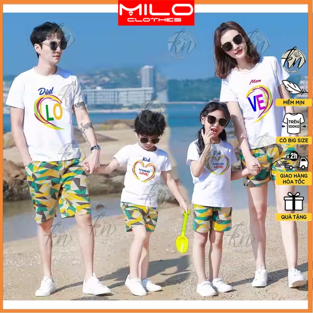 Áo Gia Đình 3, 4, 5 Người, Đồ Thun Gia Đình Đi Chơi Du Lịch Biển Bé Trai Bé Gái Bigsize, Không Quần, Hình Love Trái Tim