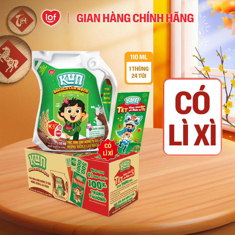 Sữa lúa mạch socola KUN thùng 24 túi x 110ml
