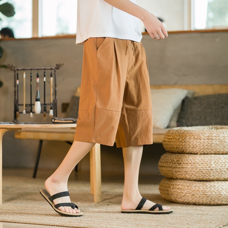 Nam mùa hè quần lửng trơn đơn giản màu bông thoáng khí vải lanh kích thước lớn Quần đi biển có túi