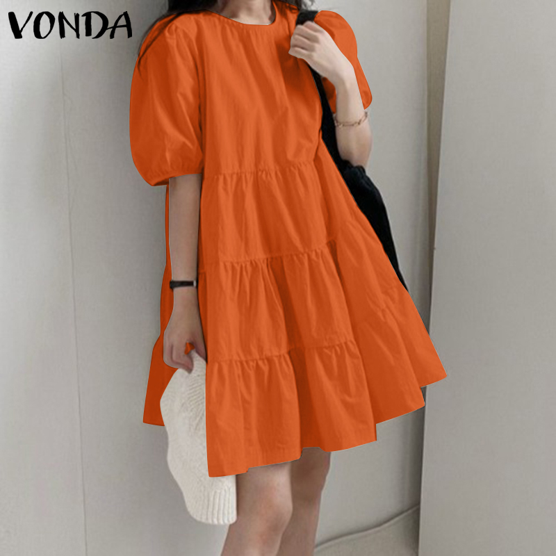 VONDA Womens Girly Style Loose Solid Color Cake Dress Round Neck Puff Sleeve A-Line Dresses (Korean Causal)