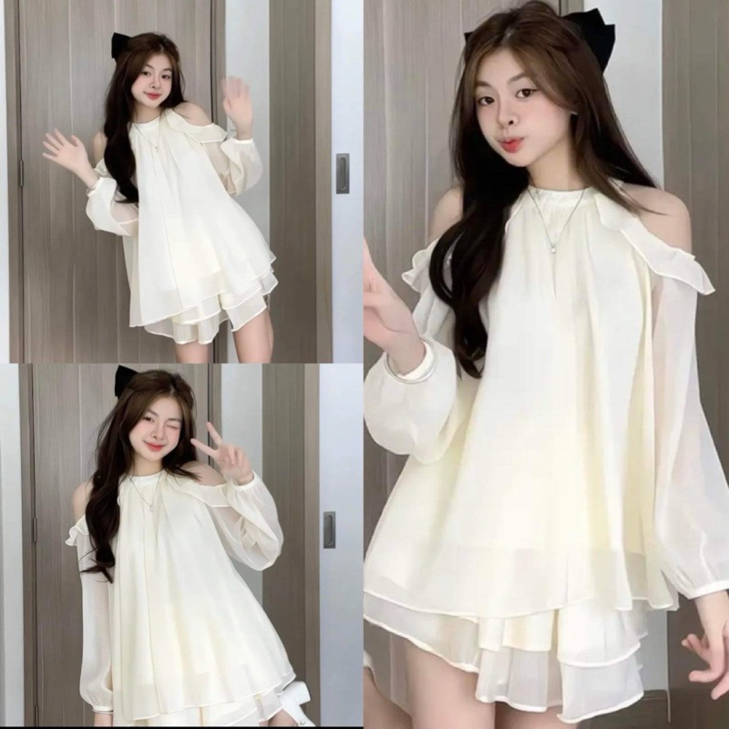 Sét áo babydoll cổ yếm khoét vai tay bồng kèm quần short chất voan tơ 2 lớp Áo nữ kiểu trễ vai tiểu 