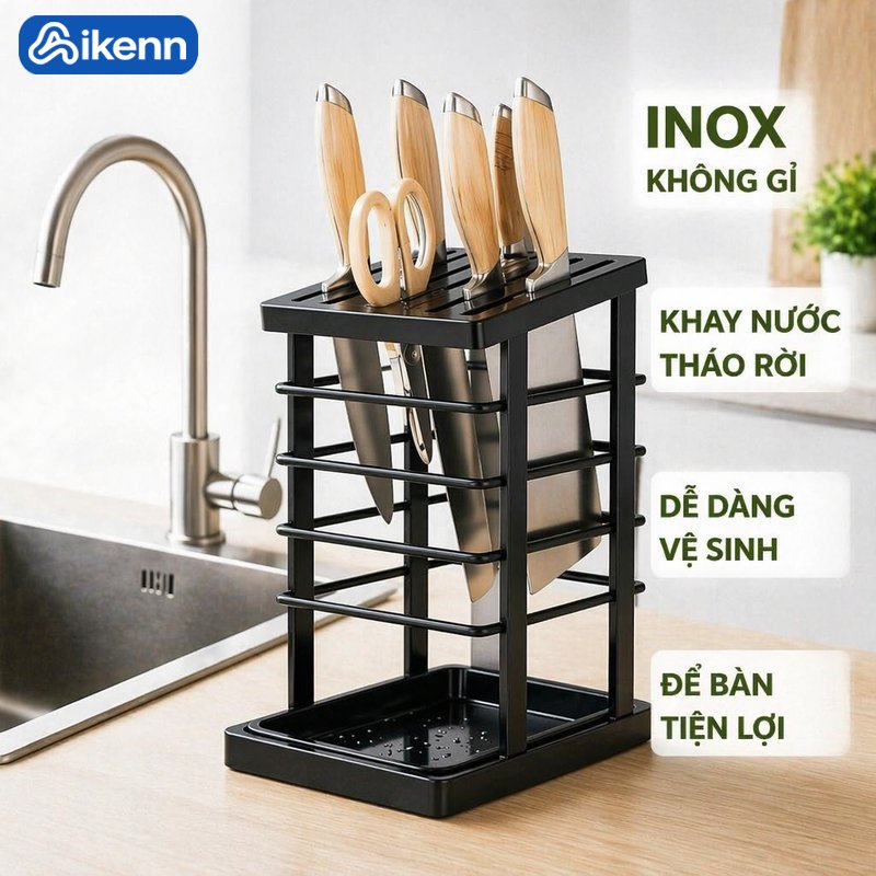 Aikenn kệ để dao thớt inox giá để dao kệ bếp chống gỉ khay hứng nước ống đũa tháo rời để bàn nhà bếp